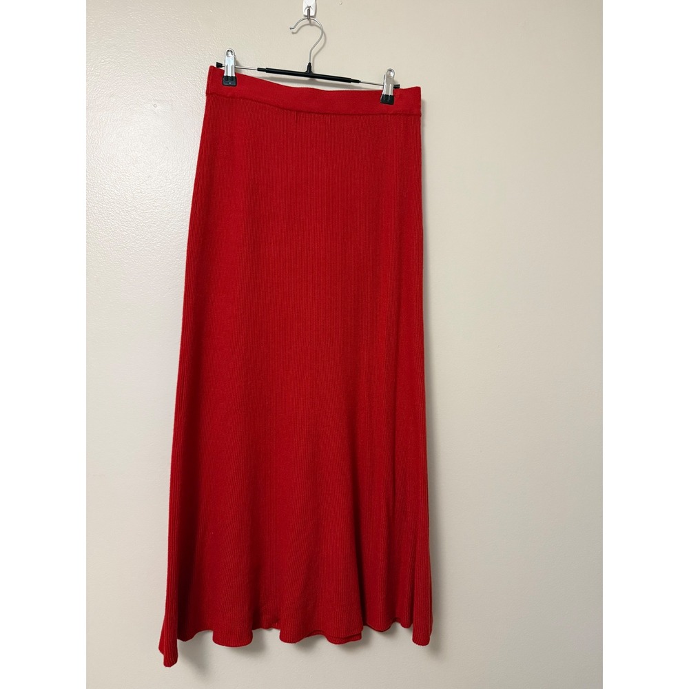 Mango MNG Red Ribbed Knit Midi Skirt Women Small Flare Hem Elastic Waist